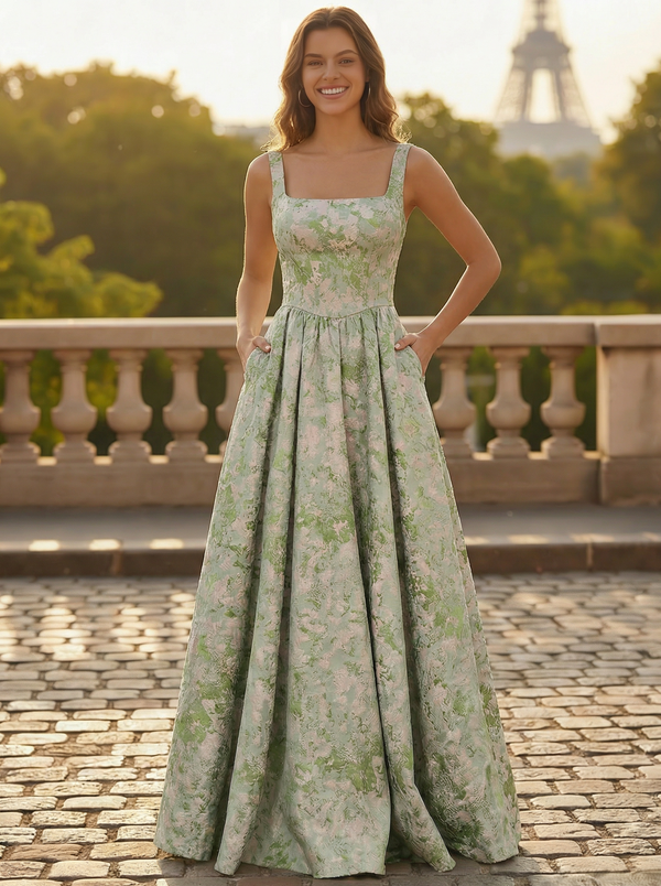 A-Line Prom Dress Elegant Jacquard Floral Dress Floor Length Sleeveless Spaghetti Straps with Slit Pocket Sage Wedding Guest Dress