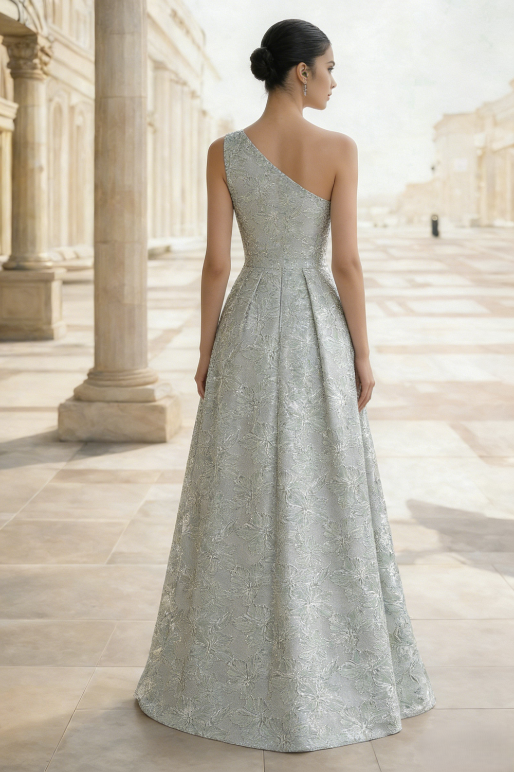 A-Line Evening Gown Elegant Floral Jacquard Dress Prom Floor Length Sleeveless One Shoulder with Slit Pocket Sage Wedding Guest Dress