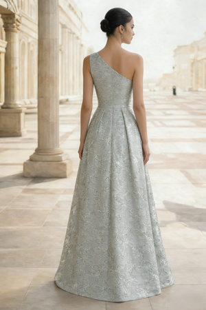 A-Line Evening Gown Elegant Floral Jacquard Dress Prom Floor Length Sleeveless One Shoulder with Slit Pocket Sage Wedding Guest Dress