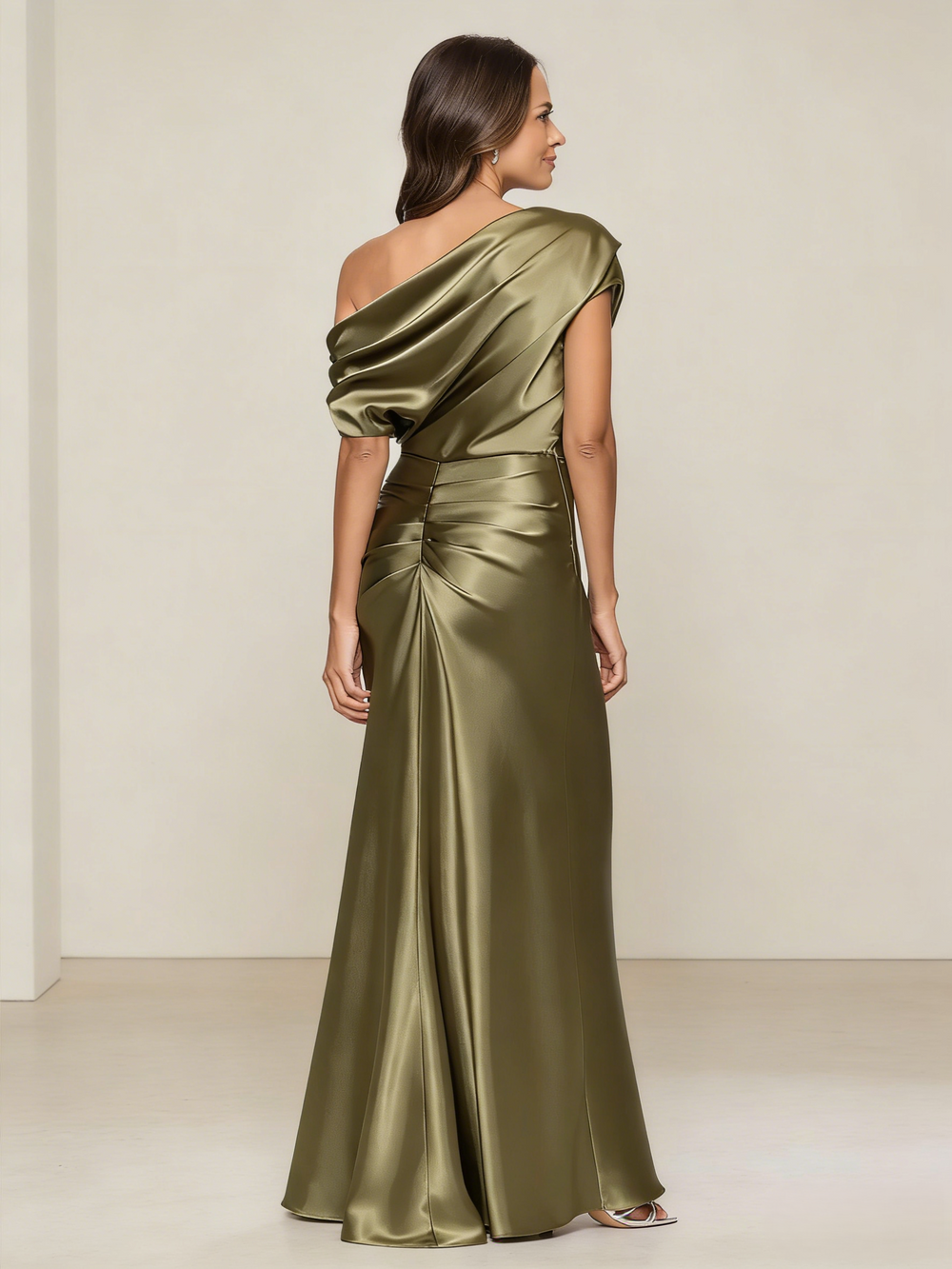 Sheath/Column Elegant Mother Of The Bride Dress One Shoulder Short Sleeves Floor-Length Wedding Guest Dresses Formal Evening