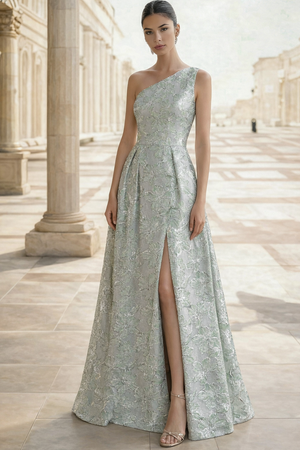 A-Line Evening Gown Elegant Floral Jacquard Dress Prom Floor Length Sleeveless One Shoulder with Slit Pocket Sage Wedding Guest Dress