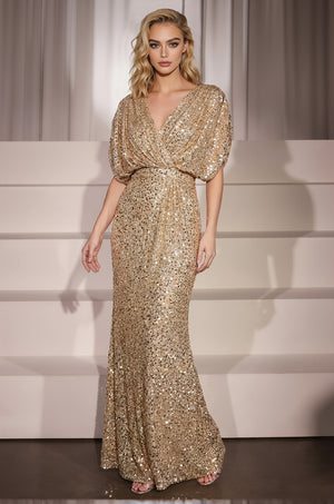 Sheath/Column Sequined Evening Dresses Sparkle V Neck Sleeveless Floor-Length Elegant Formal Dress With Ruched