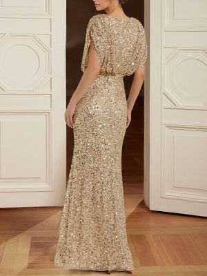 Sheath/Column Sequined Evening Dresses Sparkle V Neck Sleeveless Floor-Length Elegant Formal Dress With Ruched