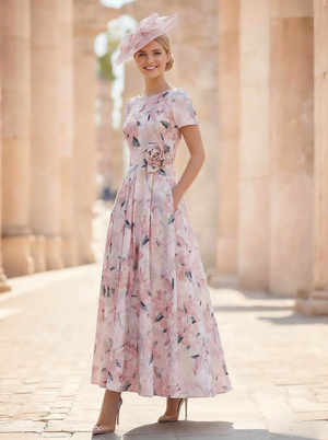 A-Line Cocktail Dress Asymmetrical Ankle Length Floral Formal Dress Short Sleeve Bateau Neck Elegant Formal