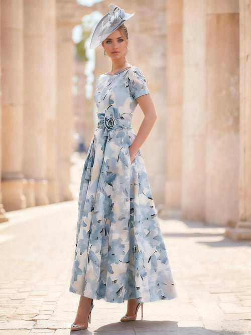 A-Line Cocktail Dress Asymmetrical Ankle Length Floral Formal Dress Short Sleeve Bateau Neck Elegant Formal