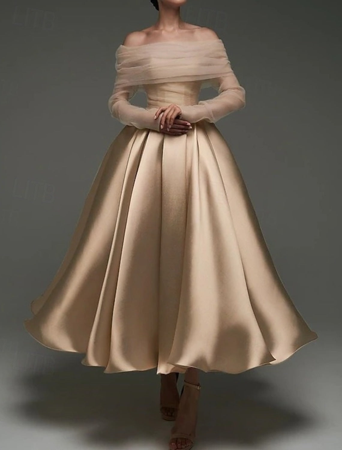 Nafori Champagne A Line Cocktail Dress Detachable With Shawl Ankle Length Elegant Dresses Formal Wedding Long Sleeve Off Shoulder Satin Dress 2026