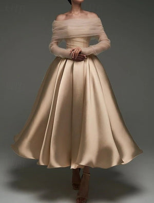 A Line Cocktail Dress Detachable With Shawl Ankle Length Elegant Dresses Formal Wedding Long Sleeve Off Shoulder Satin Dress