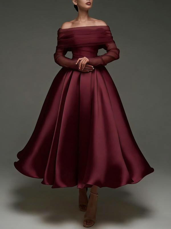 A Line Cocktail Dress Detachable With Shawl Ankle Length Elegant Dresses Formal Wedding Long Sleeve Off Shoulder Satin Dress