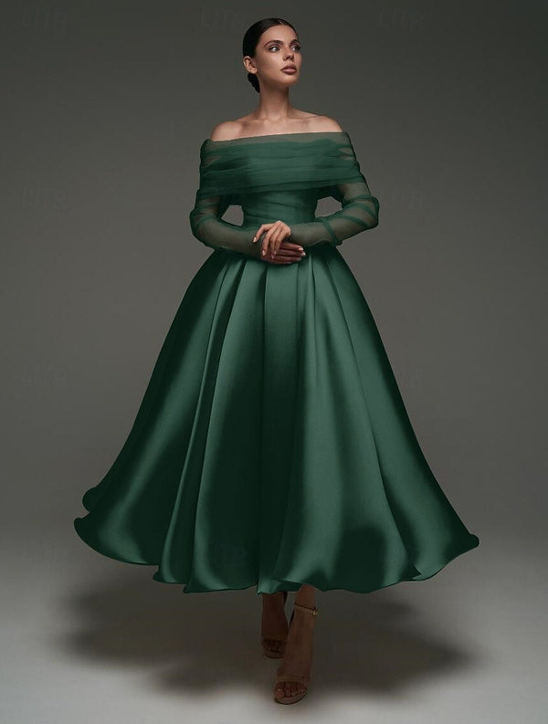 A Line Cocktail Dress Detachable With Shawl Ankle Length Elegant Dresses Formal Wedding Long Sleeve Off Shoulder Satin Dress
