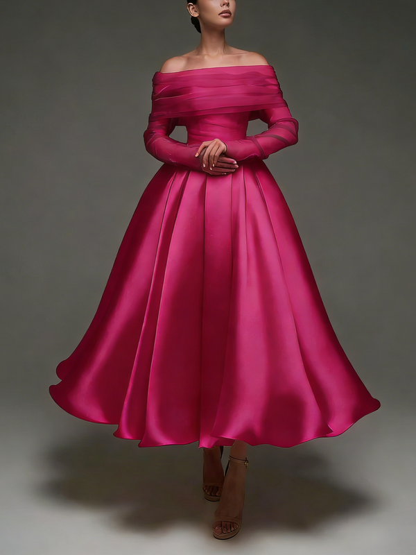 A Line Cocktail Dress Detachable With Shawl Ankle Length Elegant Dresses Formal Wedding Long Sleeve Off Shoulder Satin Dress