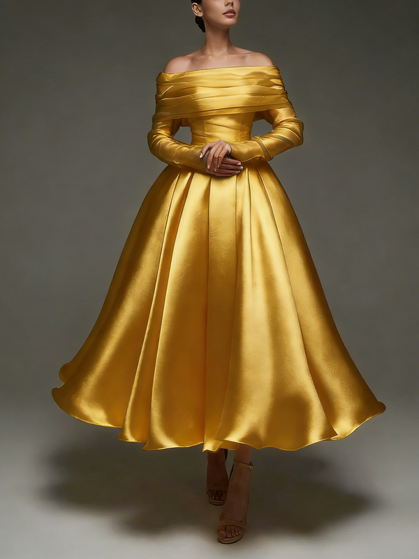 A Line Cocktail Dress Detachable With Shawl Ankle Length Elegant Dresses Formal Wedding Long Sleeve Off Shoulder Satin Dress