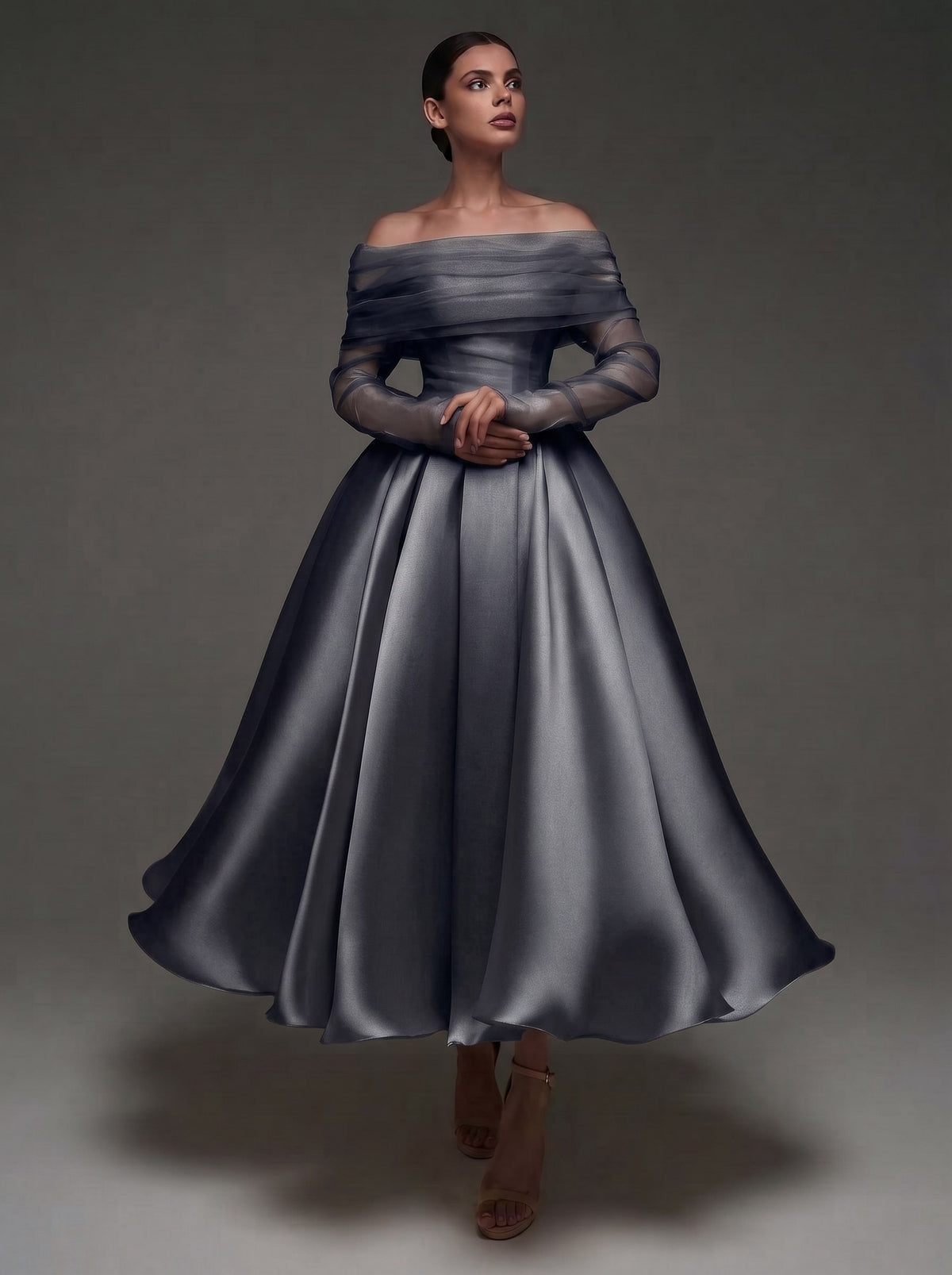 Nafori Black A Line Cocktail Dress Detachable With Shawl Ankle Length Elegant Dresses Formal Wedding Long Sleeve Off Shoulder Satin Dress 2026