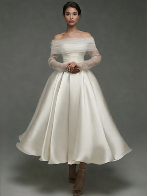 A Line Cocktail Dress Detachable With Shawl Ankle Length Elegant Dresses Formal Wedding Long Sleeve Off Shoulder Satin Dress