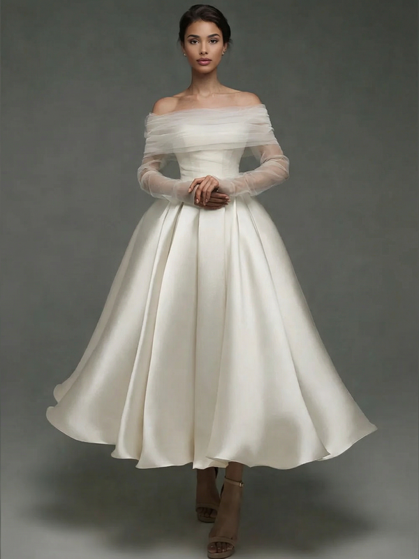 A Line Cocktail Dress Detachable With Shawl Ankle Length Elegant Dresses Formal Wedding Long Sleeve Off Shoulder Satin Dress