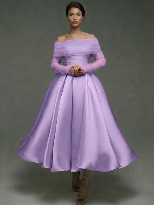 A Line Cocktail Dress Detachable With Shawl Ankle Length Elegant Dresses Formal Wedding Long Sleeve Off Shoulder Satin Dress