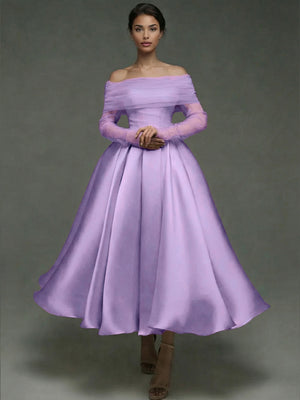 A Line Cocktail Dress Detachable With Shawl Ankle Length Elegant Dresses Formal Wedding Long Sleeve Off Shoulder Satin Dress