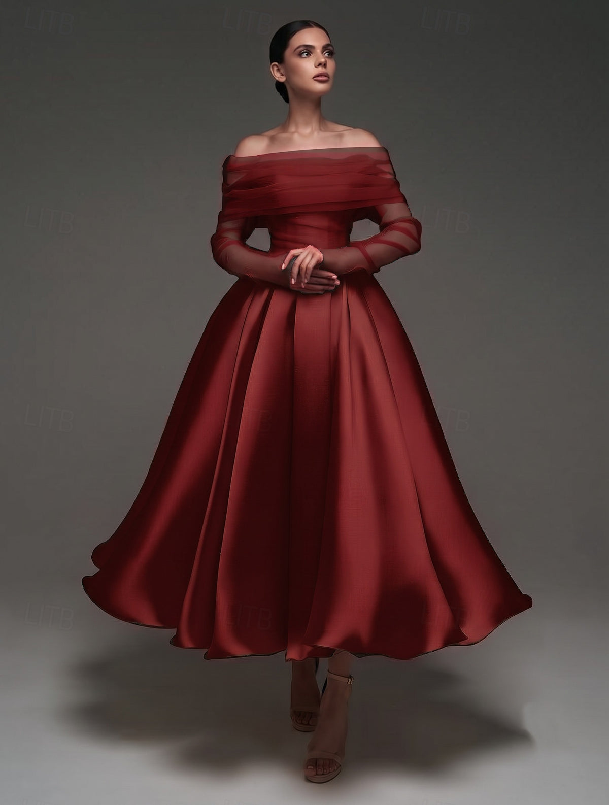 Nafori Burgundy A Line Cocktail Dress Detachable With Shawl Ankle Length Elegant Dresses Formal Wedding Long Sleeve Off Shoulder Satin Dress 2026