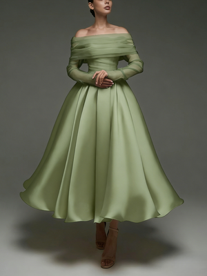 A Line Cocktail Dress Detachable With Shawl Ankle Length Elegant Dresses Formal Wedding Long Sleeve Off Shoulder Satin Dress