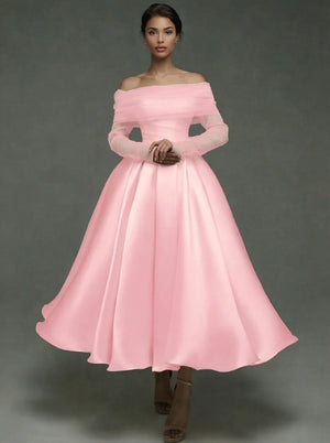 A Line Cocktail Dress Detachable With Shawl Ankle Length Elegant Dresses Formal Wedding Long Sleeve Off Shoulder Satin Dress