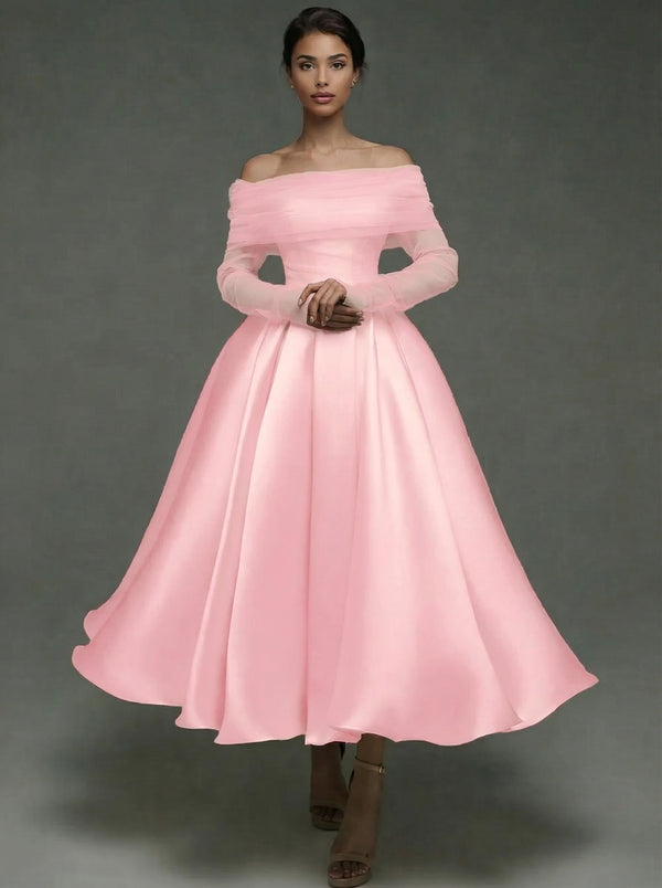 A Line Cocktail Dress Detachable With Shawl Ankle Length Elegant Dresses Formal Wedding Long Sleeve Off Shoulder Satin Dress