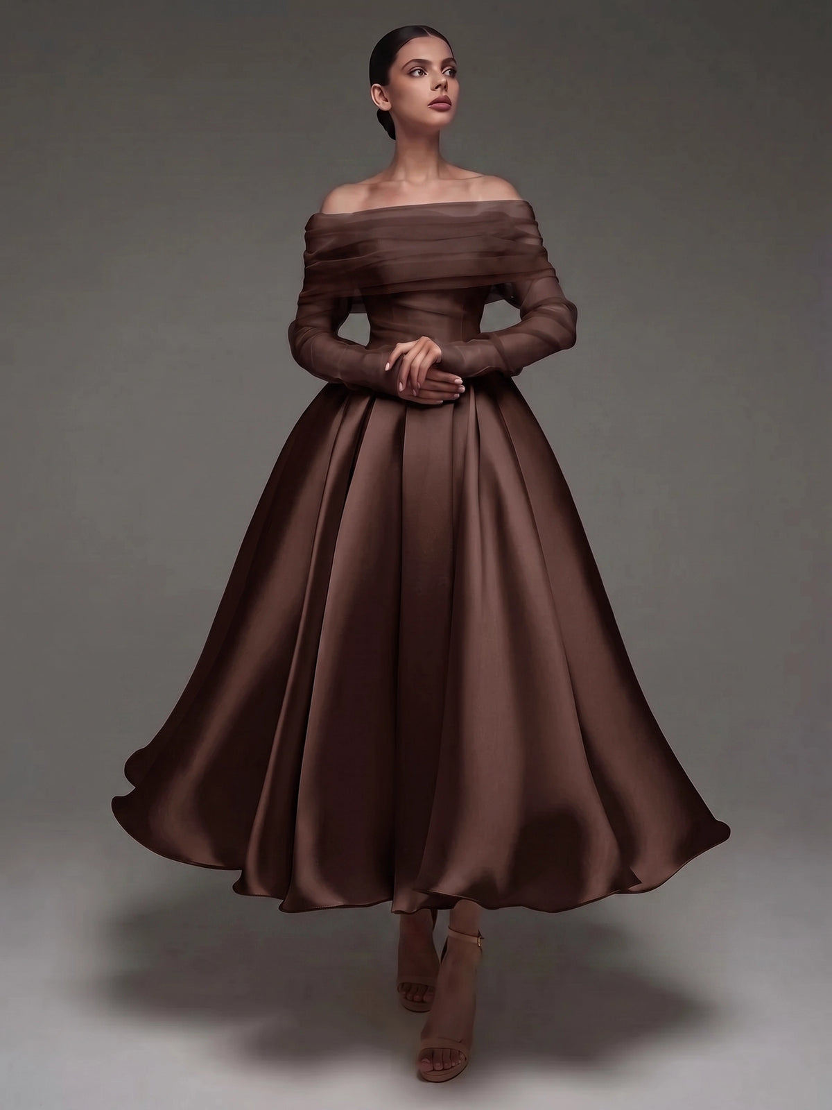 a line cocktail dress with sleeves Detachable Shawl Ankle Length Elegant Dress – Nafori A-Lines or Ballgowns - Mac Duggal s remarkable length:midi Color:Slate Blue