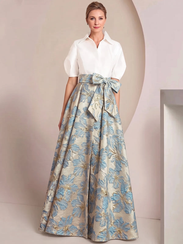 A-Line/Princess Mother Of The Bride Dresses Floral Formal Shirt Collar Short Sleeves Floor-Length 2 pieces  with Bowknot Pocket