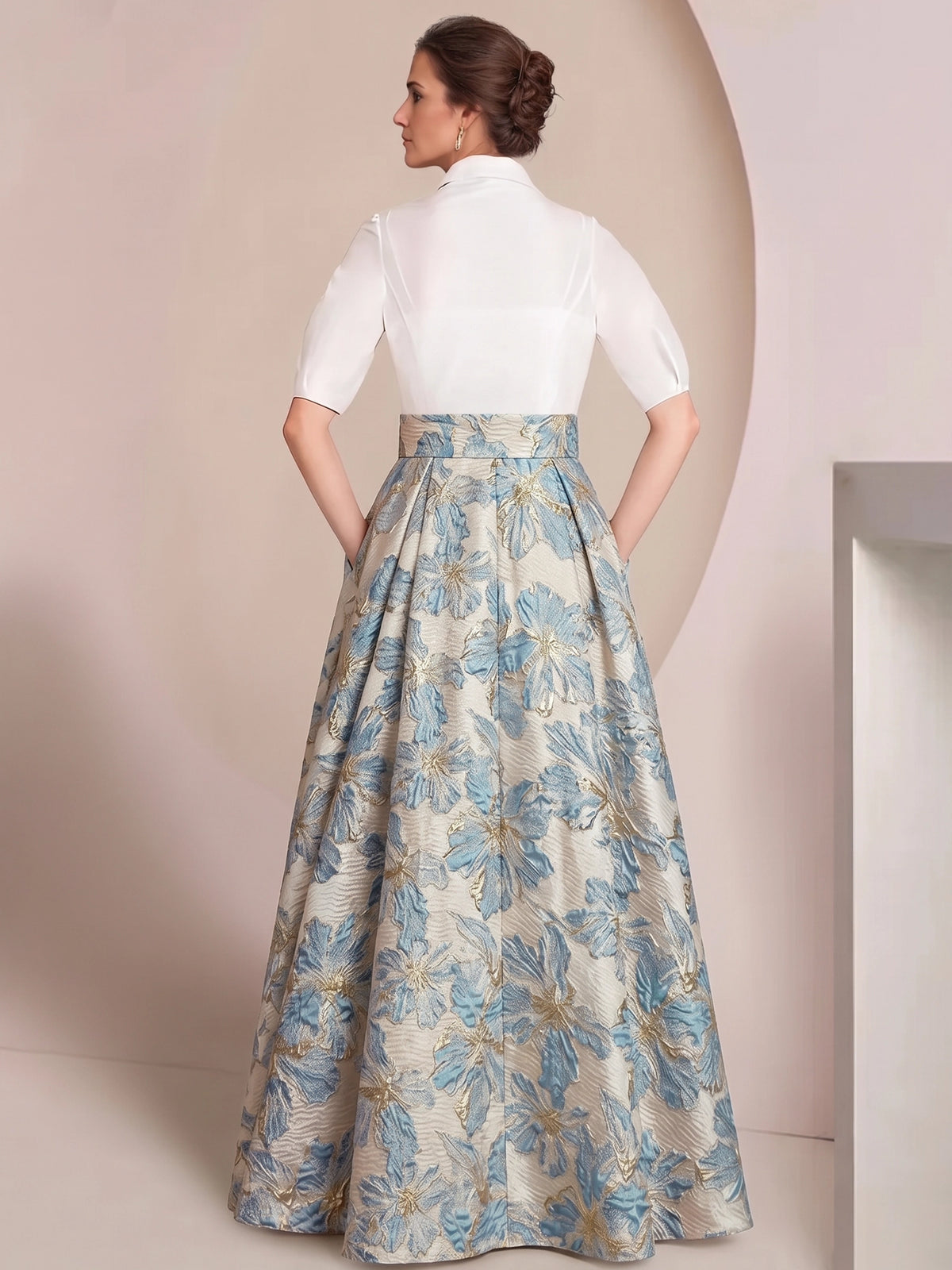 A-Line/Princess Mother Of The Bride Dresses Floral Formal Shirt Collar Short Sleeves Floor-Length 2 pieces  with Bowknot Pocket