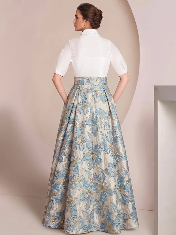 A-Line/Princess Mother Of The Bride Dresses Floral Formal Shirt Collar Short Sleeves Floor-Length 2 pieces  with Bowknot Pocket