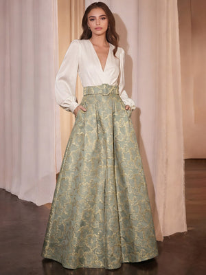 A-Line Evening Dress Floral High Split Formal Gown Jacquard Wedding Guest Floor Length Long Sleeve V Neck Belt / Sash Satin with Slits