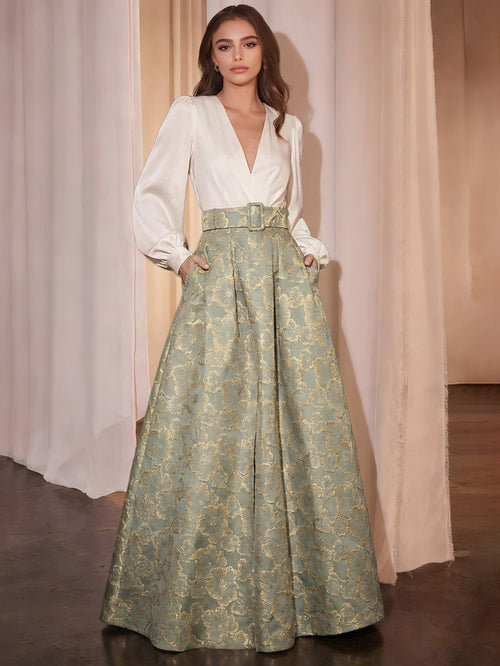 A-Line Evening Dress Floral High Split Formal Gown Jacquard Wedding Guest Floor Length Long Sleeve V Neck Belt / Sash Satin with Slits