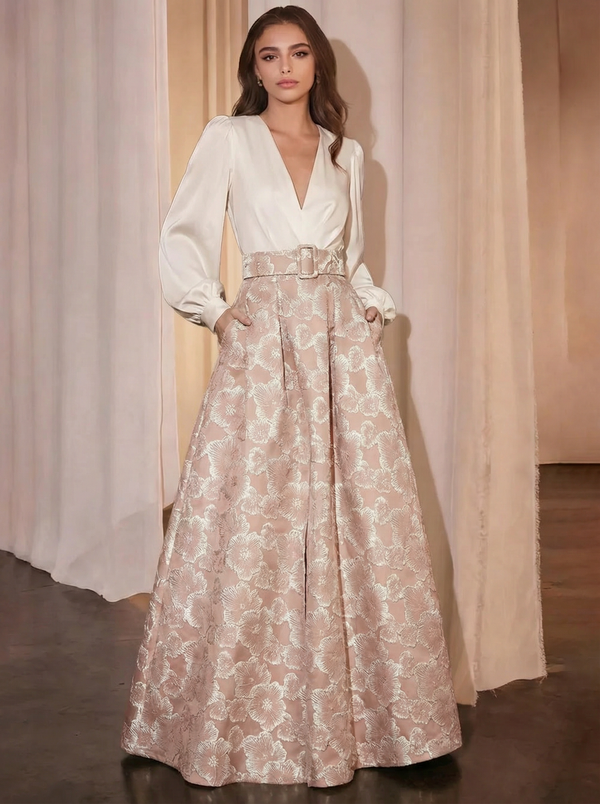 A-Line Evening Dress Floral High Split Formal Gown Jacquard Wedding Guest Floor Length Long Sleeve V Neck Belt / Sash Satin with Slits