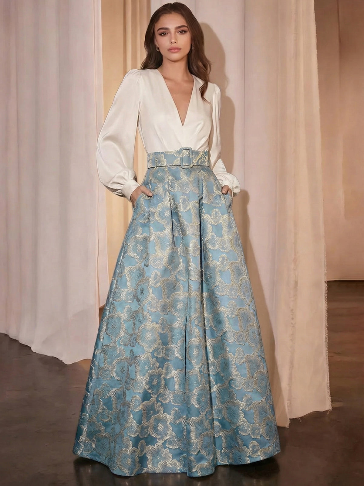 Nafori Sage A-Line Evening Dress Floral High Split Formal Gown Jacquard Wedding Guest Floor Length Long Sleeve V Neck Belt / Sash Satin with Slits