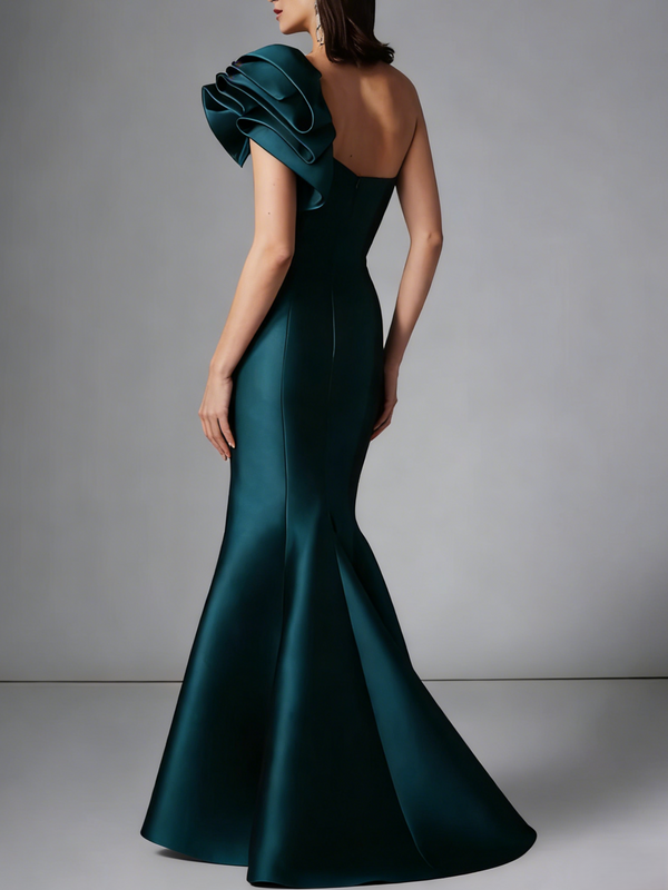 Sheath/Column Elegant Evening Dresses Satin One Shoulder Floor-Length Formal Dress With Shoulder Flower