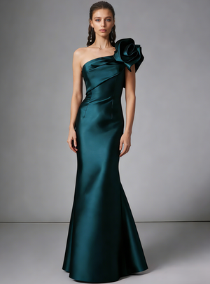 Sheath/Column Elegant Evening Dresses Satin One Shoulder Floor-Length Formal Dress With Shoulder Flower