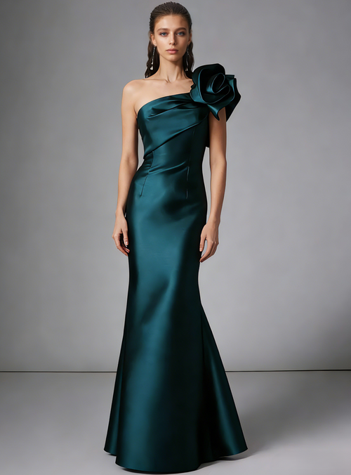 Sheath/Column Elegant Evening Dresses Satin One Shoulder Floor-Length Formal Dress With Shoulder Flower