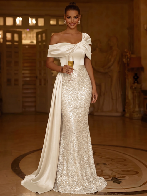 Sequin Mermaid / Trumpet Evening Gown Elegant Formal Dress Formal Wedding Floor Length Sleeveless Off Shoulder Sequined