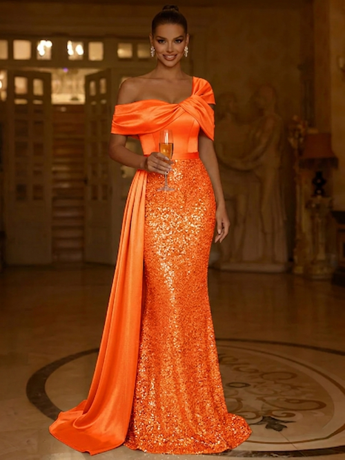 Sequin Mermaid / Trumpet Evening Gown Elegant Formal Dress Formal Wedding Floor Length Sleeveless Off Shoulder Sequined