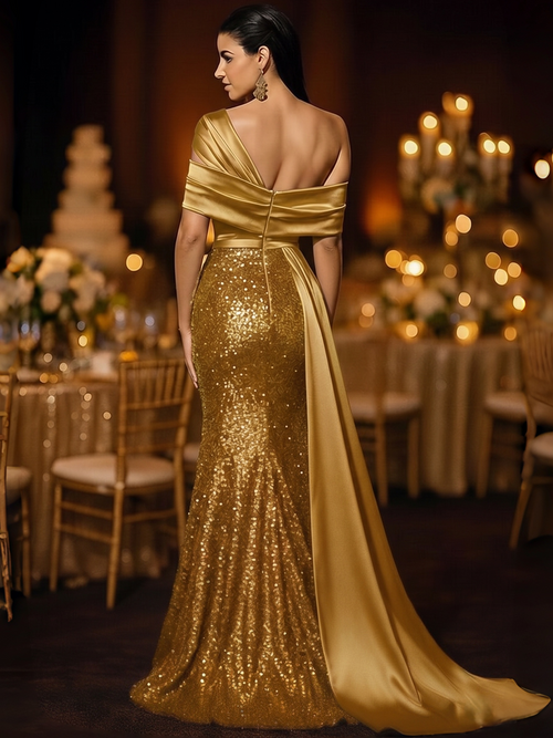 Sequin Mermaid / Trumpet Evening Gown Elegant Formal Dress Formal Wedding Floor Length Sleeveless Off Shoulder Sequined