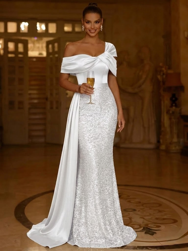 Nafori Ivory Sequin Mermaid / Trumpet Evening Gown Elegant Formal Dress Formal Wedding Floor Length Sleeveless Off Shoulder Sequined 2026