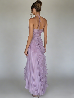 Sheath/Column Wedding Guest Dress Halter Neck Sleeveless Ankle Length Ruffles Dress with  Front Split