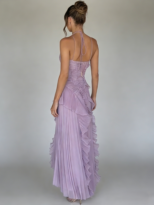 Sheath/Column Wedding Guest Dress Halter Neck Sleeveless Ankle Length Ruffles Dress with  Front Split