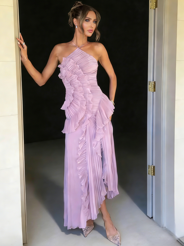 Sheath/Column Wedding Guest Dress Halter Neck Sleeveless Ankle Length Ruffles Dress with  Front Split