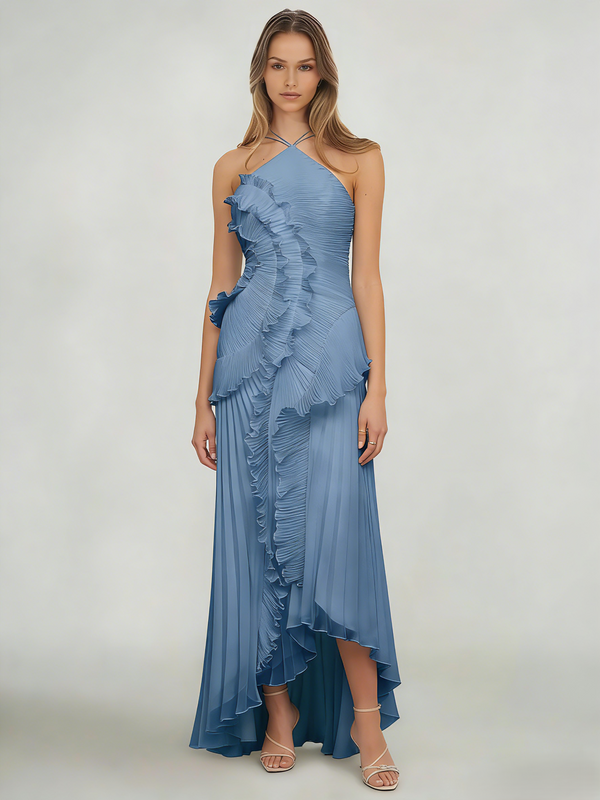 Sheath/Column Wedding Guest Dress Halter Neck Sleeveless Ankle Length Ruffles Dress with  Front Split