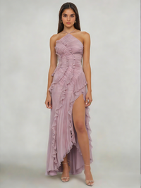 Sheath/Column Wedding Guest Dress Halter Neck Sleeveless Ankle Length Ruffles Dress with  Front Split