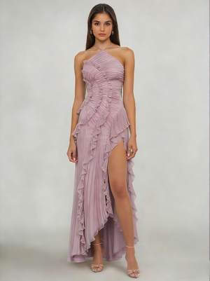 Sheath/Column Wedding Guest Dress Halter Neck Sleeveless Ankle Length Ruffles Dress with  Front Split