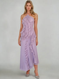 Sheath/Column Wedding Guest Dress Halter Neck Sleeveless Ankle Length Ruffles Dress with  Front Split