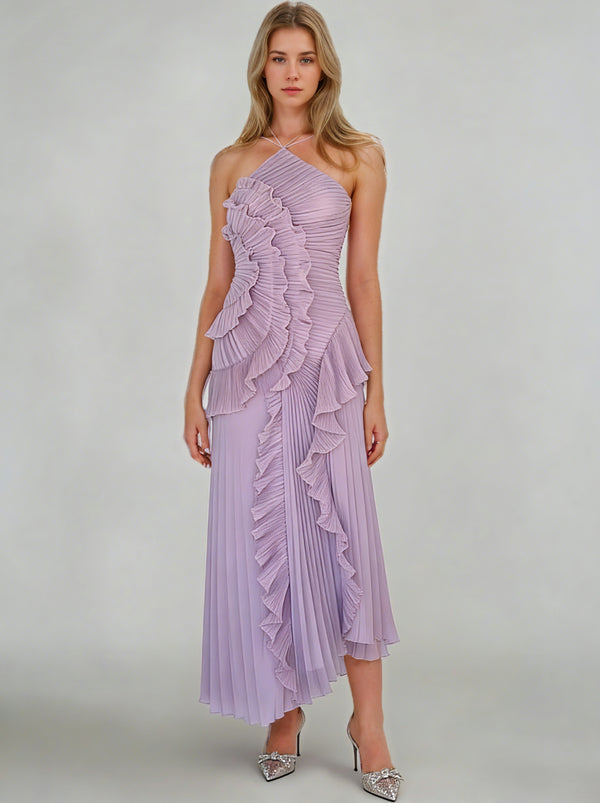 Sheath/Column Wedding Guest Dress Halter Neck Sleeveless Ankle Length Ruffles Dress with  Front Split