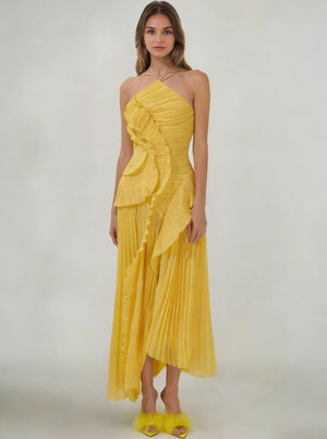 Sheath/Column Wedding Guest Dress Halter Neck Sleeveless Ankle Length Ruffles Dress with  Front Split
