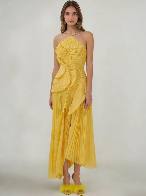 Sheath/Column Wedding Guest Dress Halter Neck Sleeveless Ankle Length Ruffles Dress with  Front Split