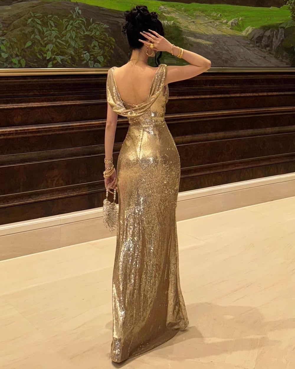 Mermaid Sequins Evening Dress Formal Off Shoulder Short Sleeves Floor Length Sparkle Christmas Party